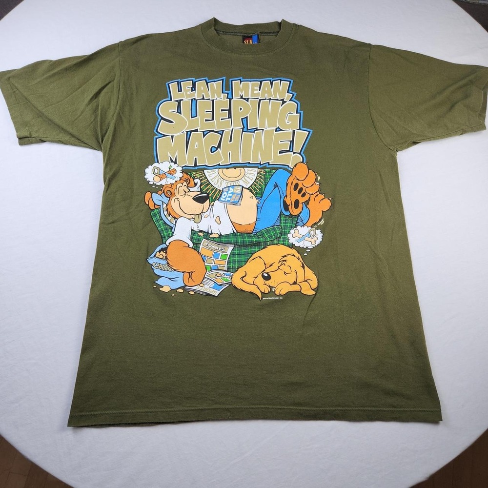 Sun Sportswear Lean Mean Sleeping Machine Bear T-Shirt Mens L Olive Green Vtg